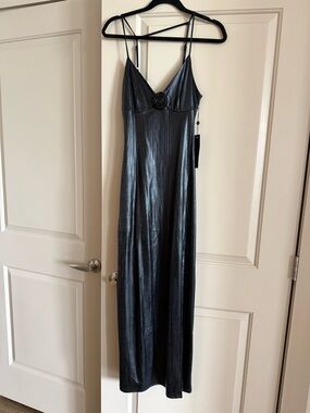 Sleek Black Metallic Slip Dress with Rose Accent